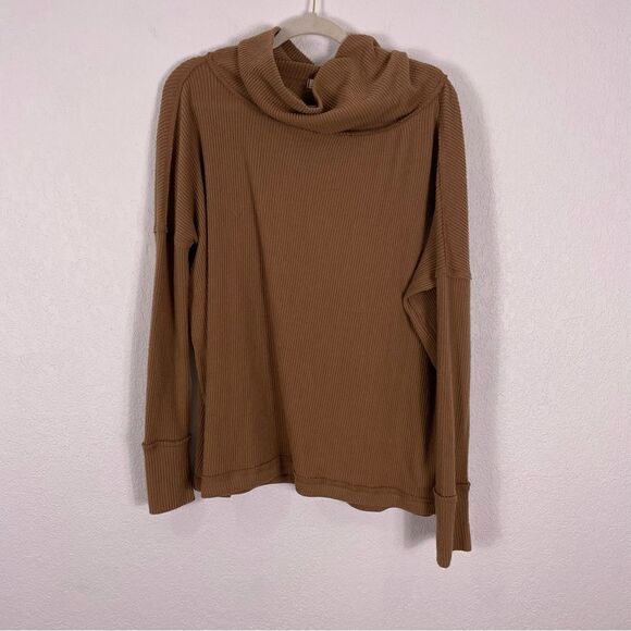 We The Free | Free People Tan Ribbed Cowl Neck Slit Back Sweater - Picture 1 of 10